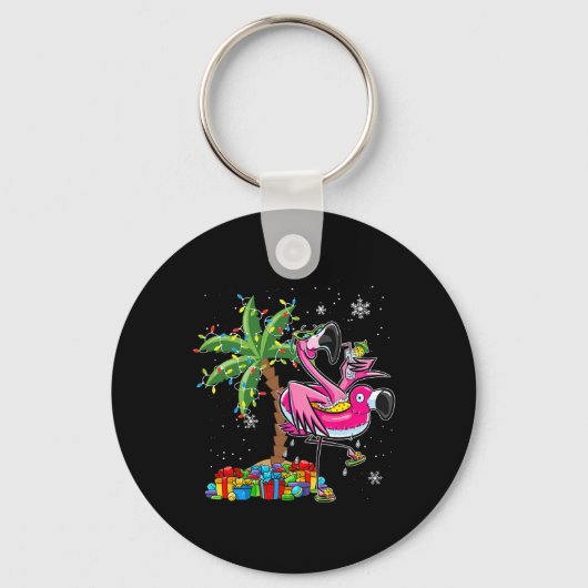 Roze Flamingo Kerst Palm Tree Tropische Kerstmis H Sleutelhanger (Voorkant)