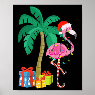 Roze Flamingo Kerst Palmboom Tropisch Kerstmis Ple Poster