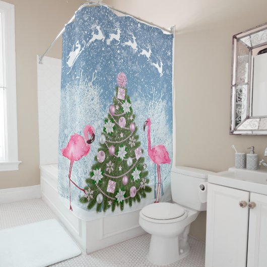 Roze Flamingo Kerstboom Douchegordijn (In situ)