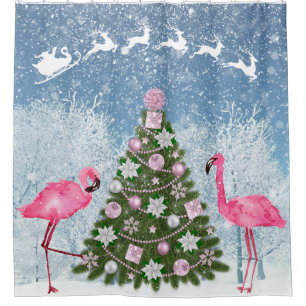 Roze Flamingo Kerstboom Douchegordijn