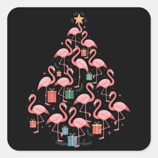 Roze Flamingo Kerstboom Flamingo's Vakantie Vierkante Sticker (Voorkant)