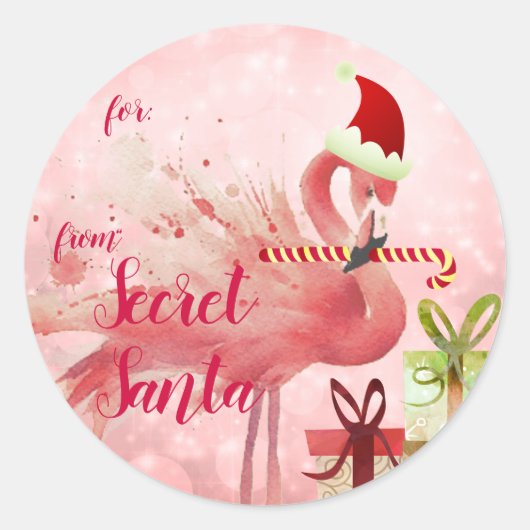 Roze Flamingo Kerstcadeautags Ronde Sticker (Voorkant)