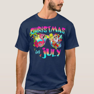 Roze flamingo kerstmis juli zomer V T-shirt