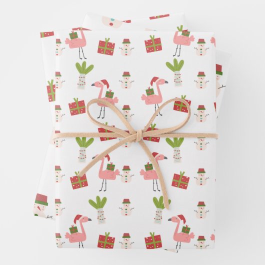 Roze flamingo Kerstmis Snowman Roze Rood Inpakpapier Vel (In situ)