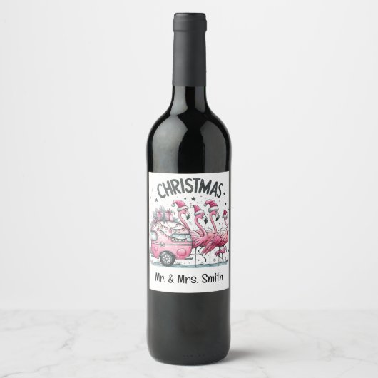Roze Flamingo Kerstmis Wijn Etiket (Voorkant)