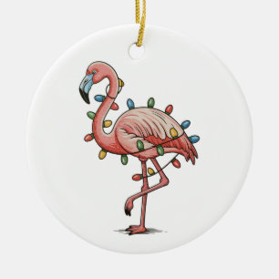 Roze Flamingo Kerstmis Xmas Verlichte Feestdagen Keramisch Ornament