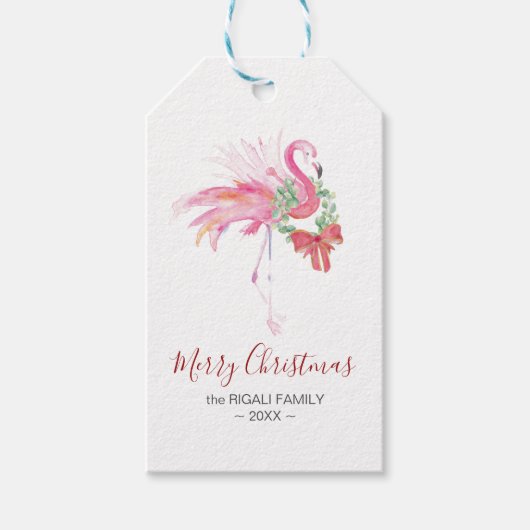 Roze Flamingo Kerstvakantie Cadeaulabel (Voorkant)