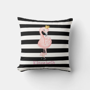 Roze Flamingo, Kroon Zwart, Witte Strepen Kussen