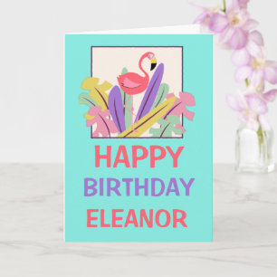 Roze Flamingo Leaf Name Happy Birthday Card Kaart