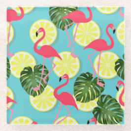 Roze Flamingo Lemon Slice Tropical Leaf Glazen Onderzetter
