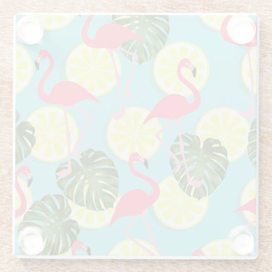Roze Flamingo Lemon Slice Tropical Leaf Glazen Onderzetter (Achterkant)