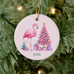 Roze flamingo leuk om naam jaar toe te voegen keramisch ornament