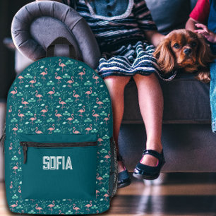 Roze Flamingo leuke donker turquoise patroon naam Bedrukte Rugzak