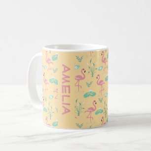 Roze Flamingo leuke gele patroon naam Koffiemok