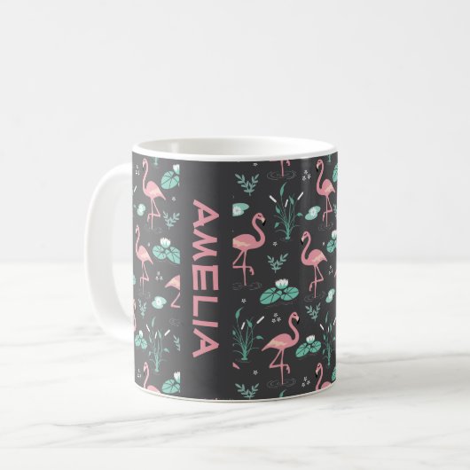 Roze Flamingo leuke grijze patroon naam Koffiemok (Voorkant links)