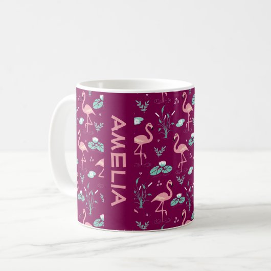 Roze Flamingo leuke rode patroon naam Koffiemok (Voorkant links)