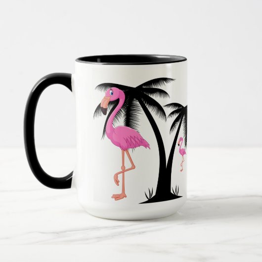 Roze Flamingo loopt door Black Palm Tree Mok (Links)