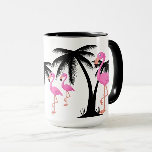 Roze Flamingo loopt door Black Palm Tree Mok (Voorkant rechts)