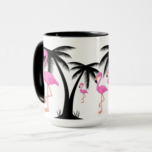 Roze Flamingo loopt door Black Palm Tree Mok (Voorkant links)