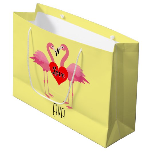 Roze Flamingo Love Design - Gift Bag - Large Groot Cadeauzakje (Voorkant Gekanteld)