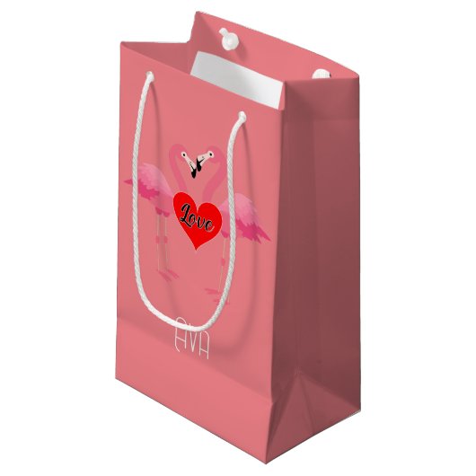 Roze Flamingo Love Design - Gift Bag - Small Klein Cadeauzakje (Voorkant Gekanteld)