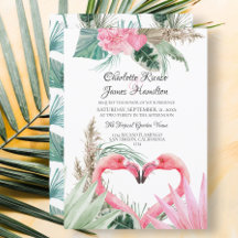 Roze flamingo Love Heart Tropical Floral Wedding