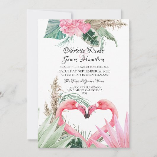 Roze flamingo Love Heart Tropical Floral Wedding Kaart (Voorkant)