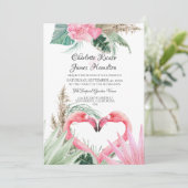 Roze flamingo Love Heart Tropical Floral Wedding Kaart (Staand voorkant)