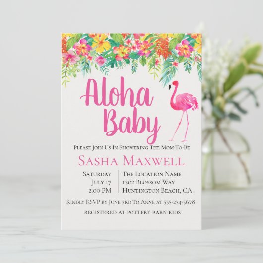Roze Flamingo Luau Baby shower Uitnodiging (Staand voorkant)