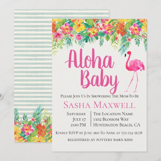 Roze Flamingo Luau Baby shower Uitnodiging (Voorkant / Achterkant)