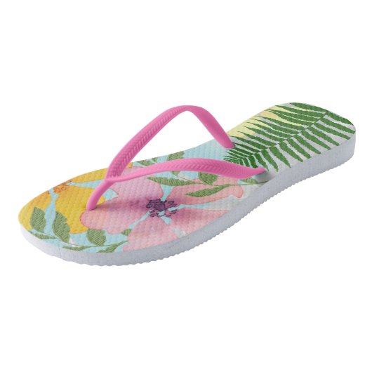 Roze Flamingo Luau Tropische Kleurrijke Bloemen Zo Teenslippers (Schuin)