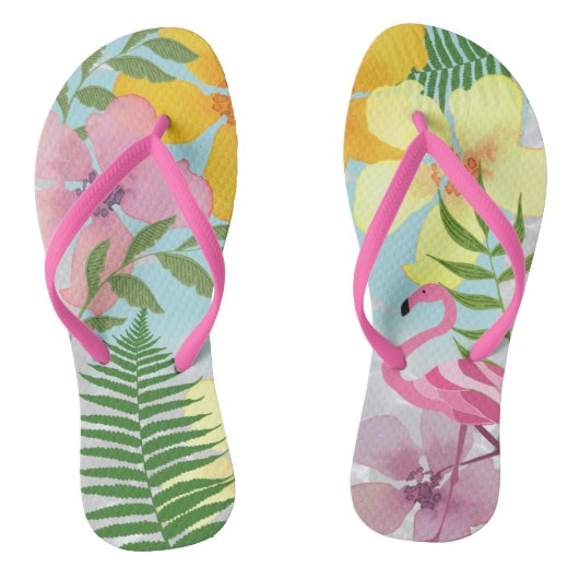 Roze Flamingo Luau Tropische Kleurrijke Bloemen Zo Teenslippers (Voetbed)