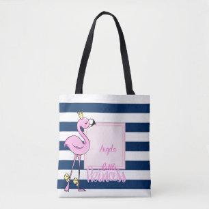 Roze Flamingo,Marineblauwe Strepen,Kleine Prinses Tote Bag