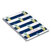 Roze Flamingo, Marineblauwe Strepen-Personalisatie Notitieboek (Rechterzijde)