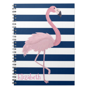 Roze Flamingo, Marineblauwe Strepen-Personalisatie Notitieboek
