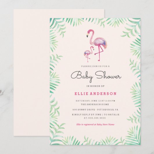 Roze Flamingo Meisje Baby shower Invitation Kaart (Voorkant / Achterkant)