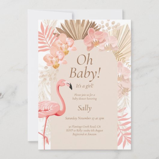 Roze flamingo meisje baby shower kaart (Voorkant)