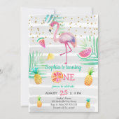 Roze flamingo meisje eerste verjaardag tropische z kaart (Voorkant)