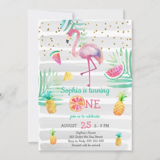 Roze flamingo meisje eerste verjaardag tropische z kaart (Voorkant)