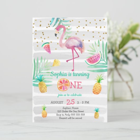 Roze flamingo meisje eerste verjaardag tropische z kaart (Staand voorkant)