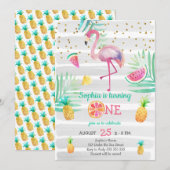Roze flamingo meisje eerste verjaardag tropische z kaart (Voorkant / Achterkant)