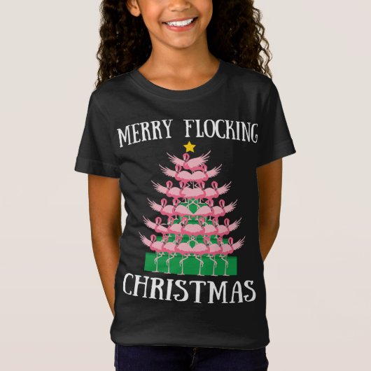 Roze flamingo Merry Flocking kerstboomverlichting T-shirt (Voorkant)