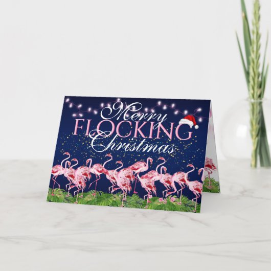 Roze flamingo Merry Flocking Kerstmis Flamingos Feestdagen Kaart (Voorkant)