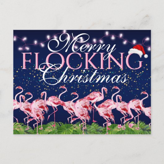 Roze flamingo Merry Flocking Kerstmis Flamingos Feestdagenkaart (Voorkant)
