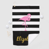 Roze Flamingo met aangepaste tekst en strepen Golfhanddoek (Insitu)