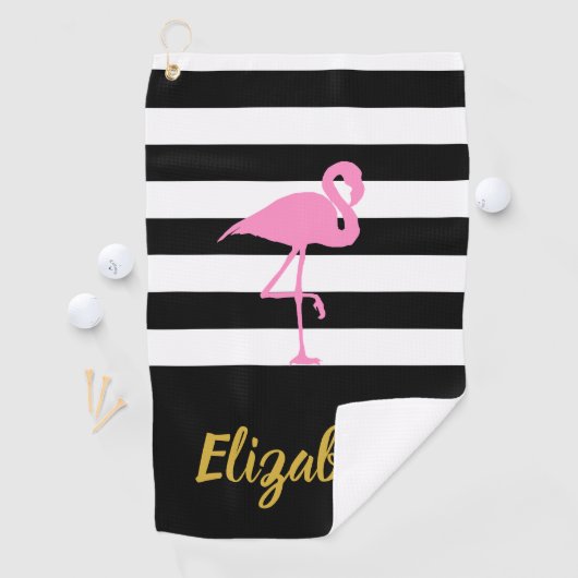 Roze Flamingo met aangepaste tekst en strepen Golfhanddoek (Insitu)
