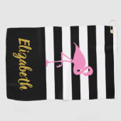 Roze Flamingo met aangepaste tekst en strepen Golfhanddoek (Horizontaal)