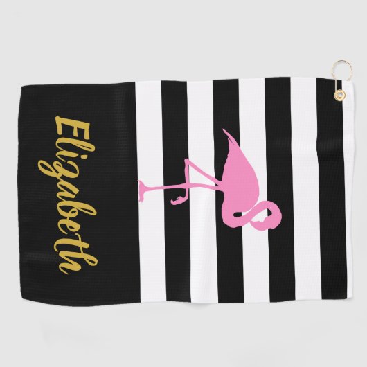 Roze Flamingo met aangepaste tekst en strepen Golfhanddoek (Horizontaal)