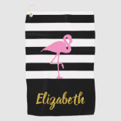 Roze Flamingo met aangepaste tekst en strepen Golfhanddoek (Voorkant)