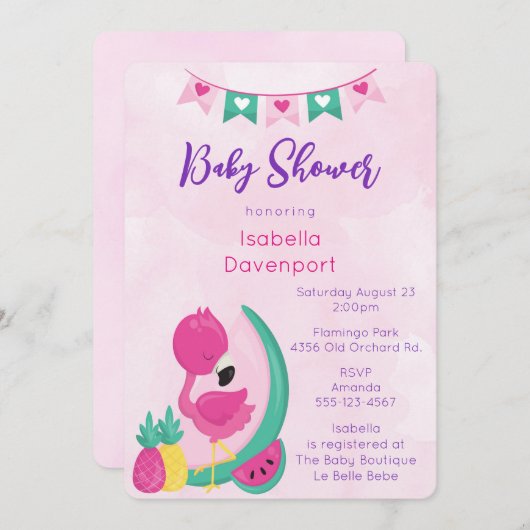 Roze Flamingo met Ananas & Watermeloendouche Kaart (Voorkant / Achterkant)